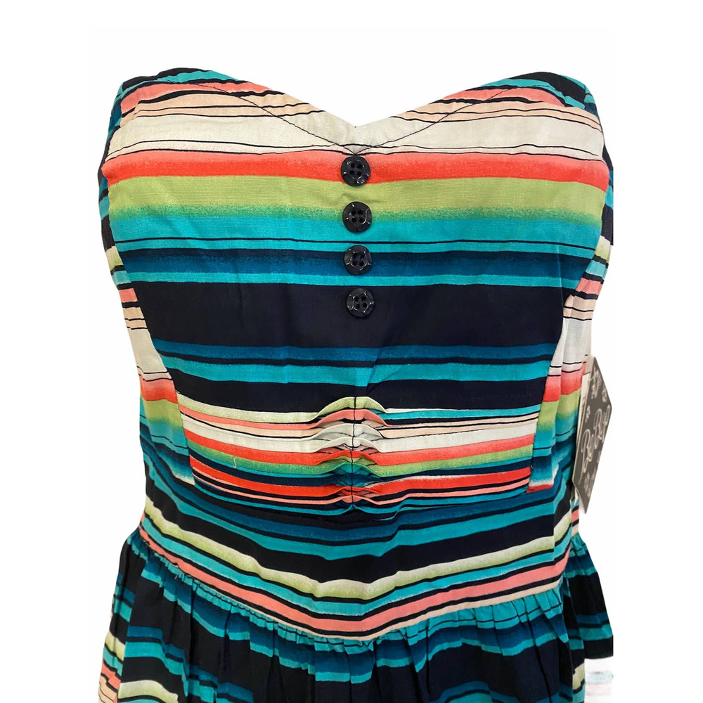 BeBop Smocked Strapless Casual Day Dress Colorful Striped White Cotton Sundress - Picture 5 of 9